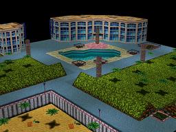 Click to view large image Hotel overlooks swimming pool. Wide paths between landscaped grass lead to beach.