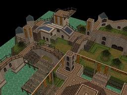 Stone temple and towers linked by ramparts. Cobbled paths weave between ornamental gardens.