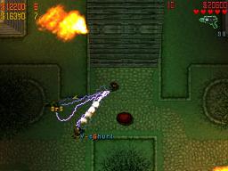 My electrogun arcs towards DrSlony and Yoghurt in the night. Yoghurt fires a rocket straight at me!