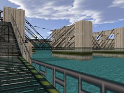 Click to view large image Cable-stayed bridge crosses gorge with dam in background, viewed from an observation pier.