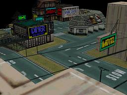 Click to view large image Diner, garage and motel occupy a turn in the freeway, viewed from the top of the bridge.