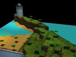 Click to view large image Grassy coastal mountain leads to rocky stack with lighthouse.