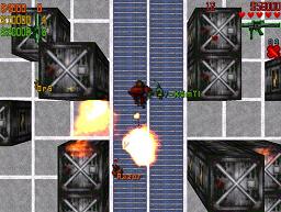 Click to view large image 3-way rocket chaos between containers on Ship arena at dusk.