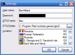 User name, Password, GTA2 name, GTA2 folder and Location.