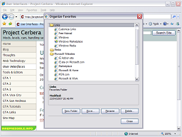 Organise Favourites window with two folders expanded.