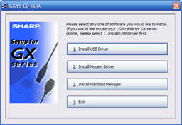 GX15 CD-ROM. 1. Install USB Driver. 2. Install Modem Driver. 3. Install Handset Manager. 4. Exit.