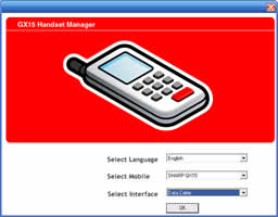 640×500 pixel window with upper half in bright red with a big, grey, isometric icon depicting a rather outdated mobile phone. The 3 dropdowns and a button have not inherited XP themes.