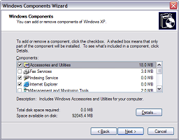 Viewing the Windows Components Wizard.